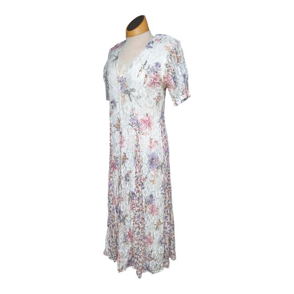 Vintage Dresses & Skirts - Vtg 1990s Nostalgia Ivory Pink Floral Lace Short Sleeve Romantic Maxi Dress S